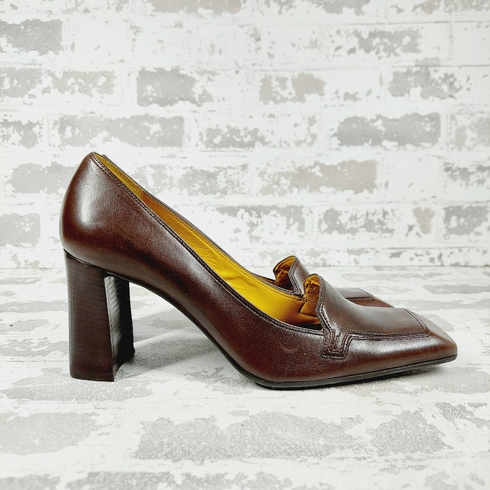 Nine West Nehemy Brown Leather Slip On Square Toe Block Heel shoes - Picture 5 of 12